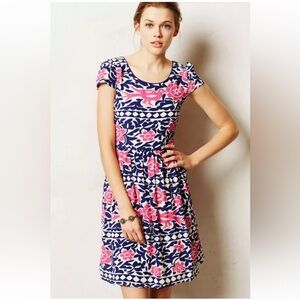 Maeve Anthropologie Peralta Dress Short Sleeved A-Line Folk Art Pink + Blue Sz 2